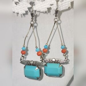 Turquoise and Orange Tone Dangle Earrings